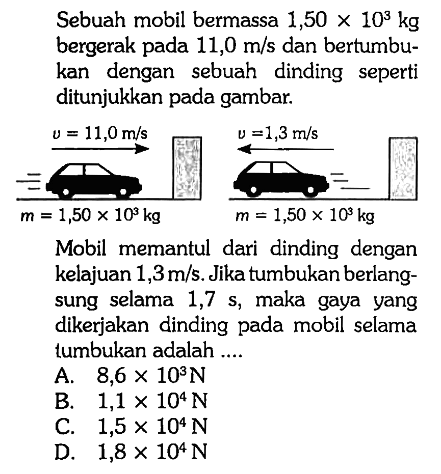 Sebuah mobil bermassa  1,50x 10^3 kg  bergerak pada  11,0 m/s  dan bertumbukan dengan sebuah dinding seperti ditunjukkan pada gambar.Mobil memantul dari dinding dengan kelajuan  1,3 m/s . Jika tumbukan berlangsung selama 1,7 s, maka gaya yang dikerjakan dinding pada mobil selama tumbukan adalah ....