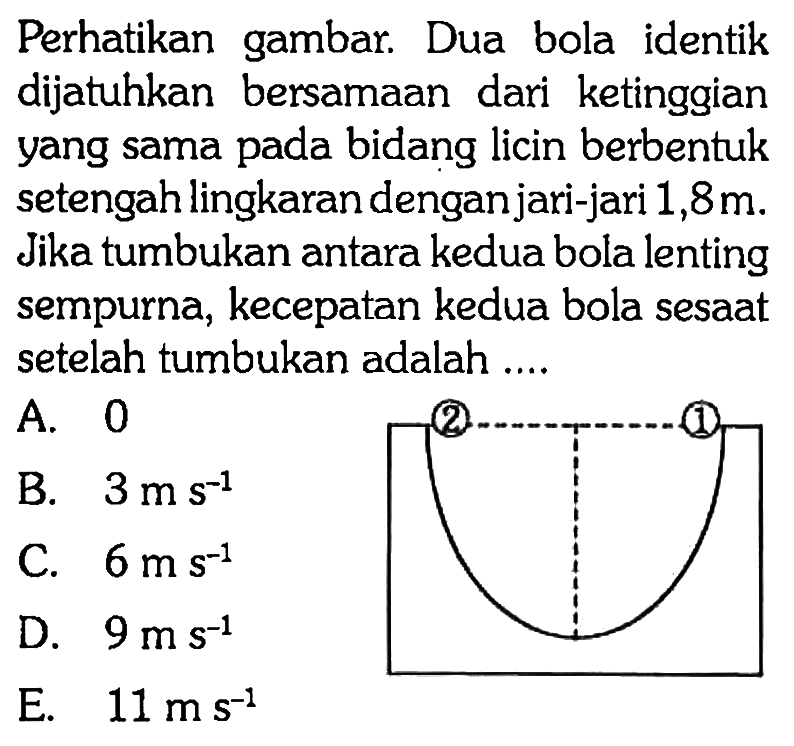 Perhatikan gambar. Dua bola identik dijatuhkan bersamaan dari ketinggian yang sama pada bidang licin berbentuk setengah lingkaran dengan jari-jari 1,8m. Jika tumbukan antara kedua bola lenting sempurna, kecepatan kedua bola sesaat setelah tumbukan adalah ....