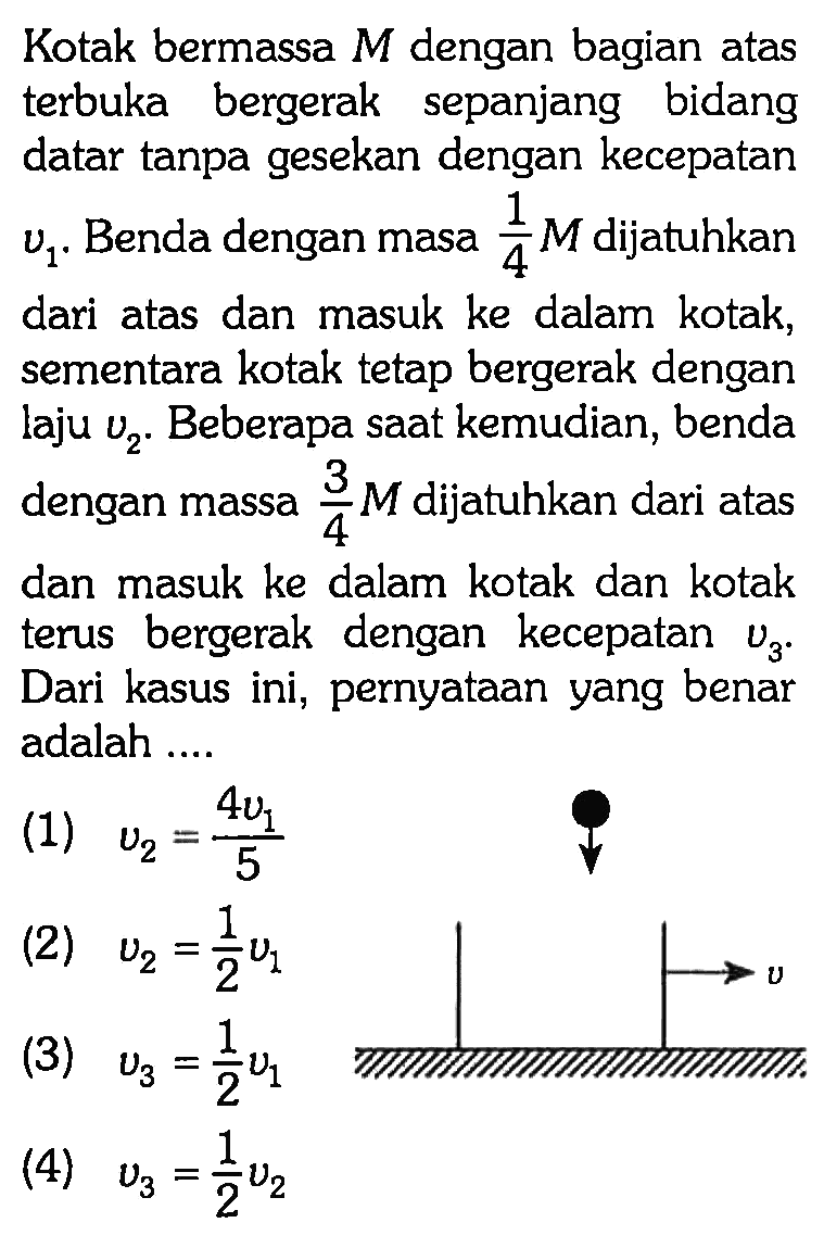 Kotak bermassa M dengan bagian atas terbuka bergerak sepanjang bidang datar tanpa gesekan dengan kecepatan v1. Benda dengan masa 1/4 M dijatuhkan dari atas dan masuk ke dalam kotak, sementara kotak tetap bergerak dengan laju v2. Beberapa saat kemudian, benda dengan massa 3/4 M dijatuhkan dari atas dan masuk ke dalam kotak dan kotak terus bergerak dengan kecepatan v3. Dari kasus ini, pernyataan yang benar adalah .... v 