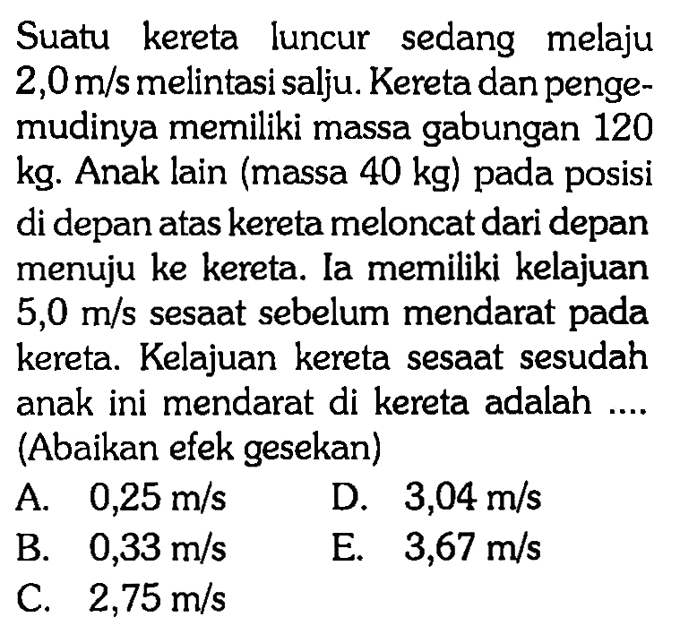 Suatu kereta luncur sedang melaju 2,0 m/s melintasi salju. Kereta dan pengemudinya memiliki massa gabungan 120 kg. Anak lain (massa 40 kg) pada posisi di depan atas kereta meloncat dari depan menuju ke kereta. Ia memiliki kelajuan 5,0 m/s sesaat sebelum mendarat pada kereta. Kelajuan kereta sesaat sesudah anak ini mendarat di kereta adalah .... (Abaikan efek gesekan)
