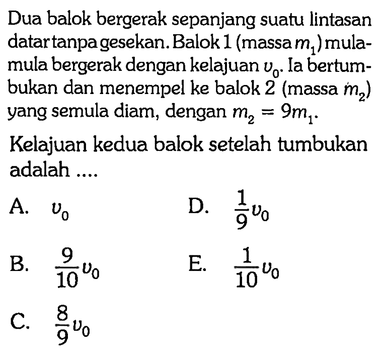 Dua balok bergerak sepanjang suatu lintasan datartanpagesekan. Balok  1(massa m1)  mulamula bergerak dengan kelajuan  v0 . Ia bertumbukan dan menempel ke balok 2 (massa  m2) yang semula diam, dengan  m2=9 m1 .Kelajuan kedua balok setelah tumbukan adalah .... 