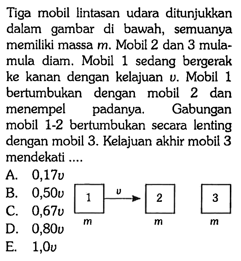 Tiga mobil lintasan udara ditunjukkan dalam gambar di bawah, semuanya memiliki massa m. Mobil 2 dan 3 mula - mula diam. Mobil 1 sedang bergerak ke kanan dengan kelajuan v. Mobil 1 bertumbukan dengan mobil 2 dan menempel padanya. Gabungan mobil 1 - 2 bertumbukan secara lenting dengan mobil 3. Kelajuan akhir mobil 3 mendekati .... 1 m v 2 m 3 m