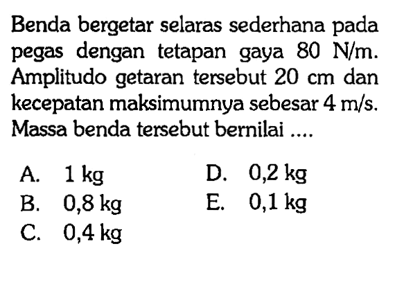 Benda bergetar selaras sederhana pada pegas dengan tetapan gaya  80 N/m. Amplitudo getaran tersebut  20 cm  dan kecepatan maksimumnya sebesar  4 m/s. Massa benda tersebut bernilai ....
