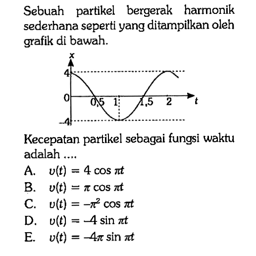 Sebuah partikel bergerak harmonik sederhana seperti yang ditampilkan oleh grafik di bawah. x 4 0 0,5 1 1,5 2 t -4 
Kecepatan partikel sebagai fungsi waktu adalah ....