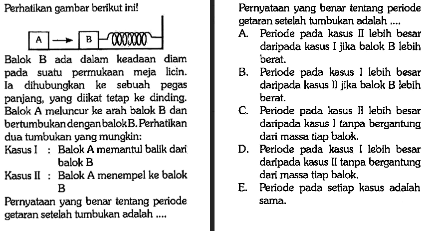 Perhatikan gambar berikut ini! A B 
Balok B ada dalam keadaan diam pada sautu permukaan meja licin. Ia dihubungkan ke sebuah pegas panjang, yang diikat tetap ke dinding. Balok A meluncur ke arah B dan bertumbukan dengan balok B. Perhatikan dua tumbukan yang mungkin: 
Kasus I : Balok A memantul balik dari balok B 
Kasus II : Balok A menempel ke balok B 
Pernyataan yang benar tentang periode getaran setelah tumbukan adalah ....