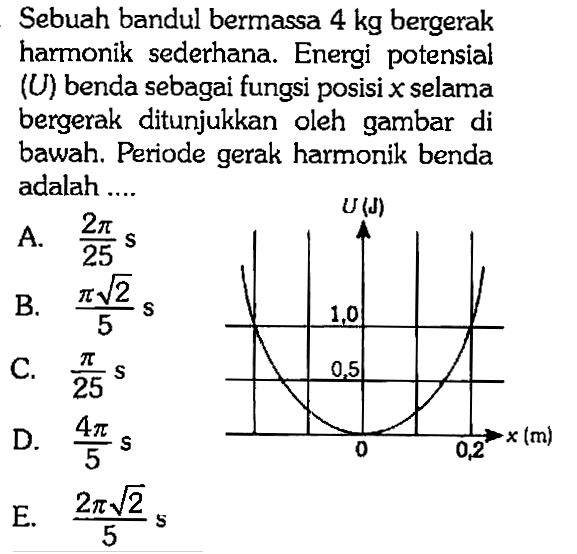 Sebuah bandul bermassa  4 kg  bergerak harmonik sederhana. Energi potensial  (U)  benda sebagai fungsi posisi  x  selama bergerak ditunjukkan oleh gambar di bawah. Periode gerak harmonik benda adalah ....