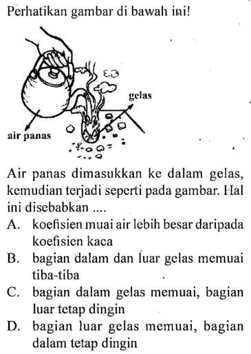 Perhatikan gambar di bawah ini! Air panas Air panas dimasukkan ke dalam gelas kemudian terjadi seperti pada gambar. Hal ini disebabkan