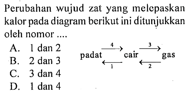 Perubahan wujud zat yang melepaskan kalor pada diagram berikut ini ditunjukkan oleh nomor. .... padat 4 1 cair 3 2 gas