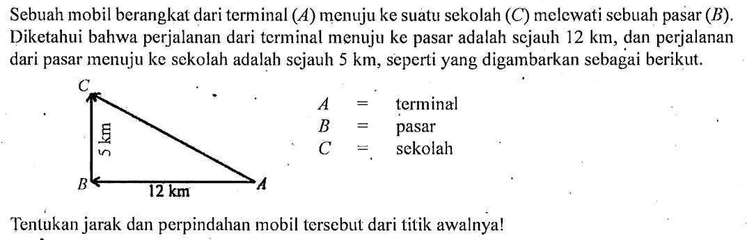 Sebuah mobil berangkat dari terminal (A) menuju ke suatu sekolah (C) melewati sebuah pasar (B). Diketahui bahwa perjalanan dari terminal menuju ke pasar adalah sejauh 12 km, dan perjalanan dari pasar menuju ke sekolah adalah sejauh 5 km, seperti yang digambarkan sebagai berikut.
Tentukan jarak dan perpindahan mobil tersebut dari titik awalnya! A 12 km B 5 km C
A = terminal
B = pasar
C = sekolah