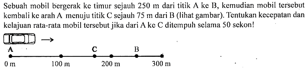 Sebuah mobil bergerak ke timur sejauh 250 m dari titik A ke B, kemudian mobil tersebut kembali ke arah A menuju titik C sejauh 75 m dari B (lihat gambar). Tentukan kecepatan dan kelajuan rata-rata mobil tersebut jika dari A ke C ditempuh selama 50 sekon! A 0 m 100 m C 200 m B 300 m