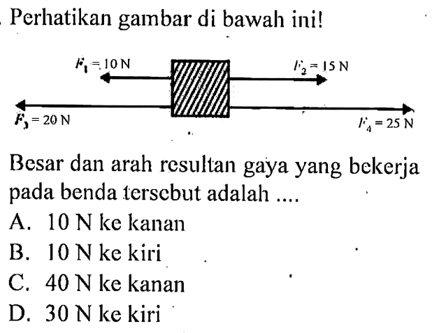 Perhatikan gambar di bawah ini! F1 = 10 N F2 = 15 N F3 = 20 N F4 = 25 N Besar dan arah resultan gaya yang bekerja pada benda tersebut adalah ....