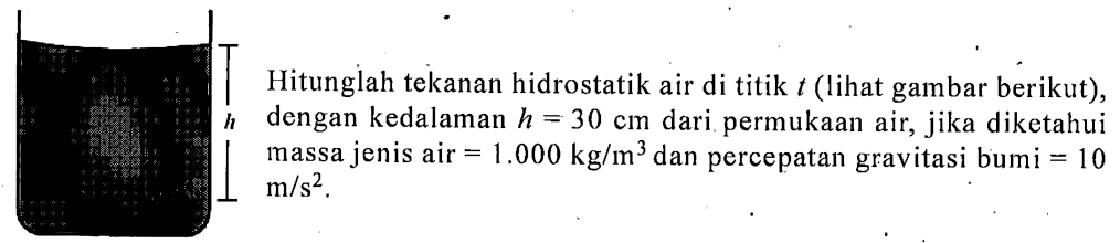 Hitunglah tekanan hidrostatik air di titik t (lihat gambar berikut), dengan kedalaman h=30 cm dari permukaan air jika diketahui massa jenis air = 1.000 kg/m^3 dan percepatan gravitasi bumi = 10 m/s^2