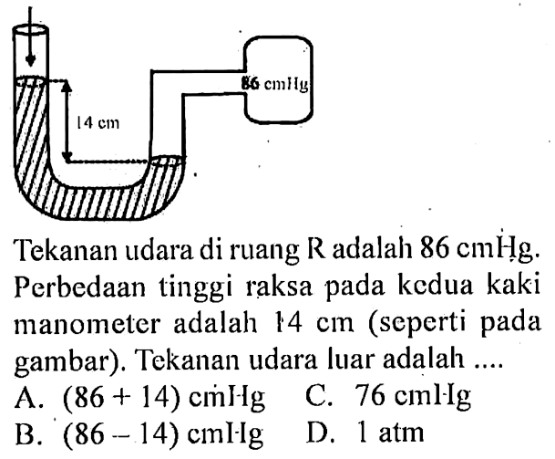 14 cm 86 cmHgTekanan udara di ruang  R  adalah  86 cmHg. Perbedaan tinggi raksa pada kedua kaki manometer adalah  14 cm  (seperti pada gambar). Tekanan udara luar adalah ....