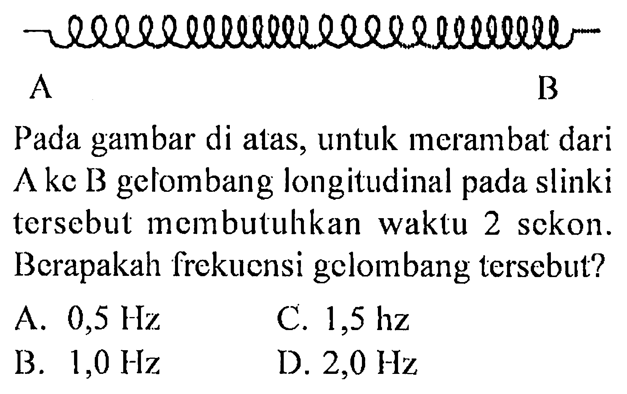 A B Pada gambar di atas, untuk merambat dari A ke B gelombang longitudinal pada slinki tersebut membutuhkan waktu 2 sekon. Berapakah frekuensi gelombang tersebut?