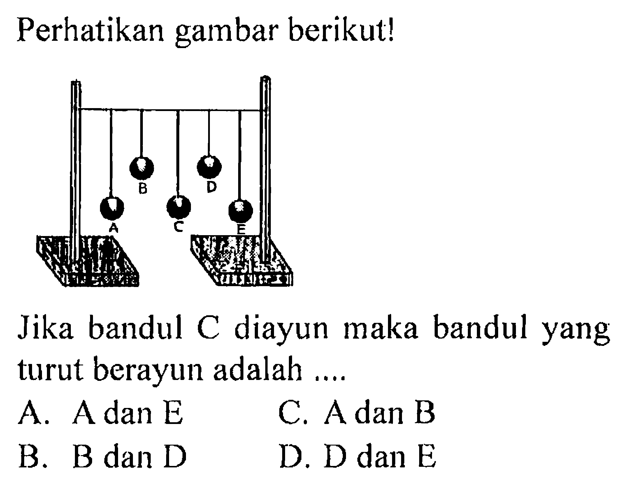 Perhatikan gambar berikut!Jika bandul C diayun maka bandul yang turut berayun adalah....A. A dan E B. B dan D C. A dan B D. D dan E