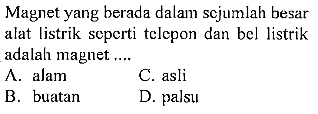 Magnet yang berada dalam scjumlah besar alat listrik seperti telepon dan bel listrik adalah magnet ....