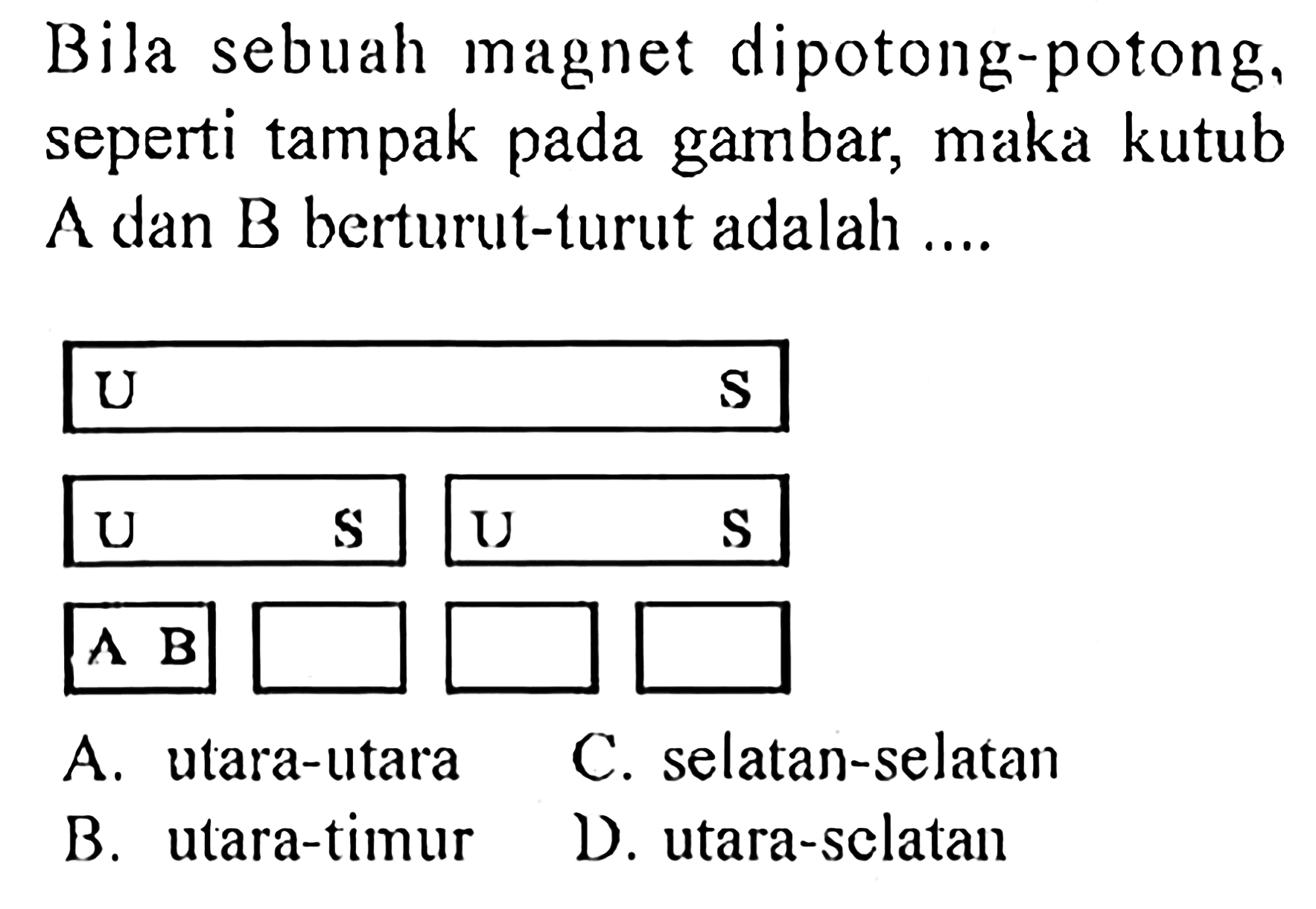 Bila sebuah magnet dipotong-potong, seperti tampak pada gambar, maka kutub A dan B berturut-turut adalah .... U S U S U S A B