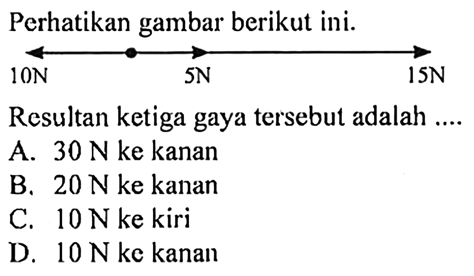 Perhatikan gambar berikut ini. 10 N 5 N 15 N Resultan ketiga gaya tersebut adalah .... 