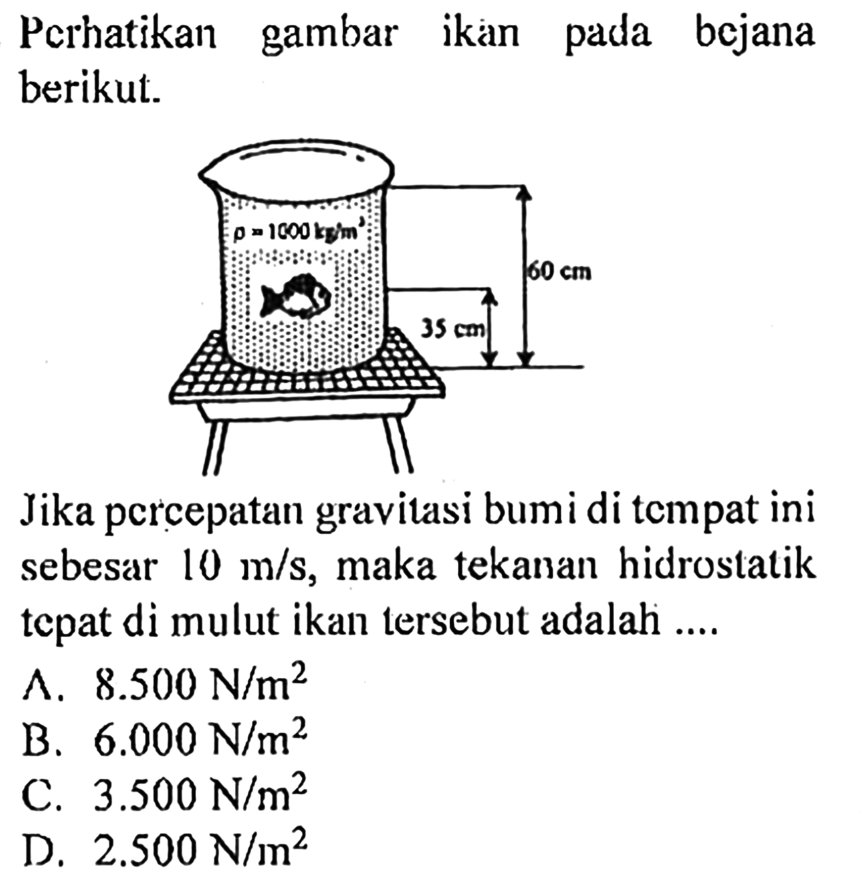 Perhatikan gambar ikan pada bejana berikut.rho 1000 kg/m^3 35 cm 60 cmJika percepatan gravitasi bumi di tempat ini sebesar  10 m/s , maka tekanan hidrostatik tepat di mulut ikan tersebut adalah ....