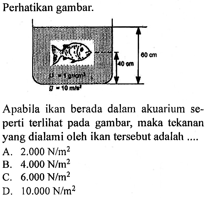 Perhatikan gambar.Apabila ikan berada dalam akuarium seperti terlihat pada gambar, maka tekanan yang dialami oleh ikan   tersebut adalah ....