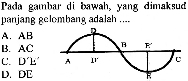 Pada gambar di bawah, yang dimaksud panjang gelombang adalah ....A.  A B B.  AC C.  D' E' D.  DE D B E' A D' C E 