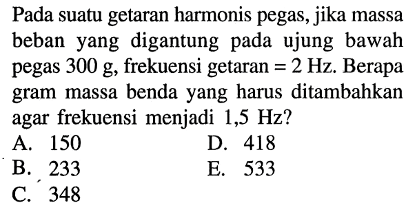 Pada suatu getaran harmonis pegas, jika massa beban yang digantung pada ujung bawah pegas 300 g, frekuensi getaran = 2 Hz. Berapa gram massa benda yang harus ditambahkan agar frekuensi menjadi 1,5 Hz?