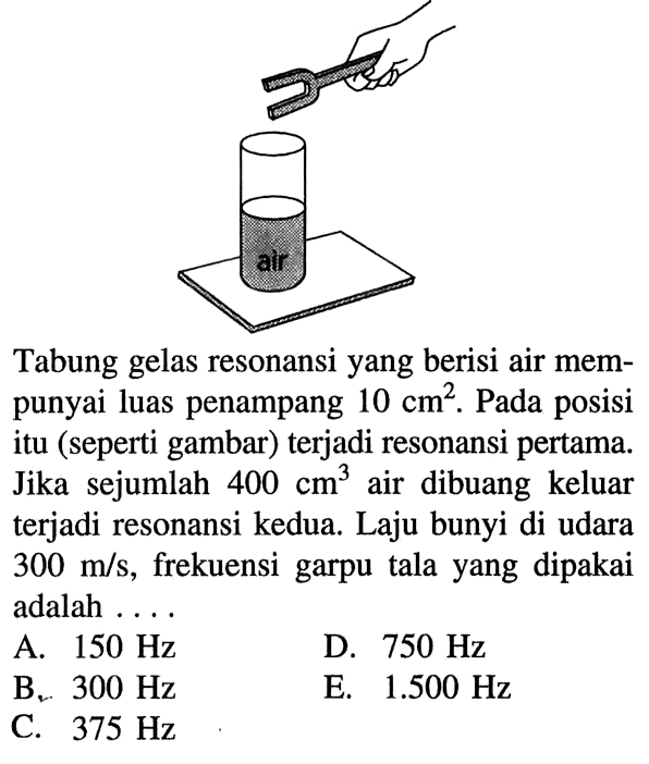 Tabung gelas resonansi yang berisi air mempunyai luas penampang 10 cm^2. Pada posisi itu (seperti gambar) terjadi resonansi pertama. Jika sejumlah 400 cm^3 air dibuang keluar terjadi resonansi kedua. Laju bunyi di udara 300 m/s, frekuensi garpu tala yang dipakai adalah .... 