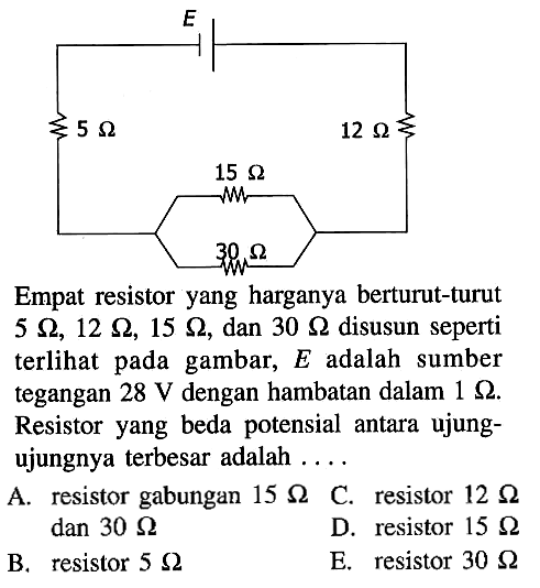 E 5 Ohm 12 Ohm 15 Ohm 30 Ohm 
Empat resistor yang harganya berturut-turut 5 Ohm, 12 Ohm, 15 Ohm, dan 30 Ohm disusun seperti terlihat pada gambar, E adalah sumber tegangan 28 V dengan hambatan dalam 1 Ohm. Resistor yang beda potensial antara ujung-ujungnya terbesar adalah 
A. resistor gabungan 15 Ohm dan 30 Ohm 
B. resistor 5 Ohm 
C. resistor 12 Ohm 
D. resistor 15 Ohm 
E. resistor 30 Ohm