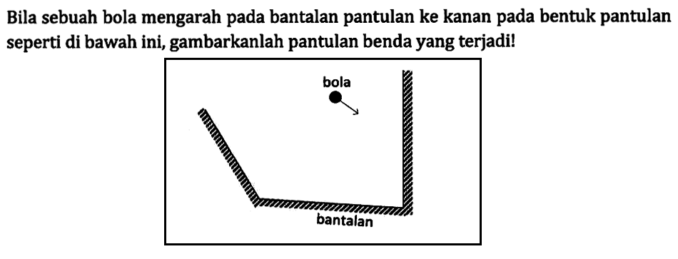 Bila sebuah bola mengarah pada bantalan pantulan ke kanan pada bentuk pantulan seperti di bawah ini, gambarkanlah pantulan benda yang terjadi!
bola
bantalan