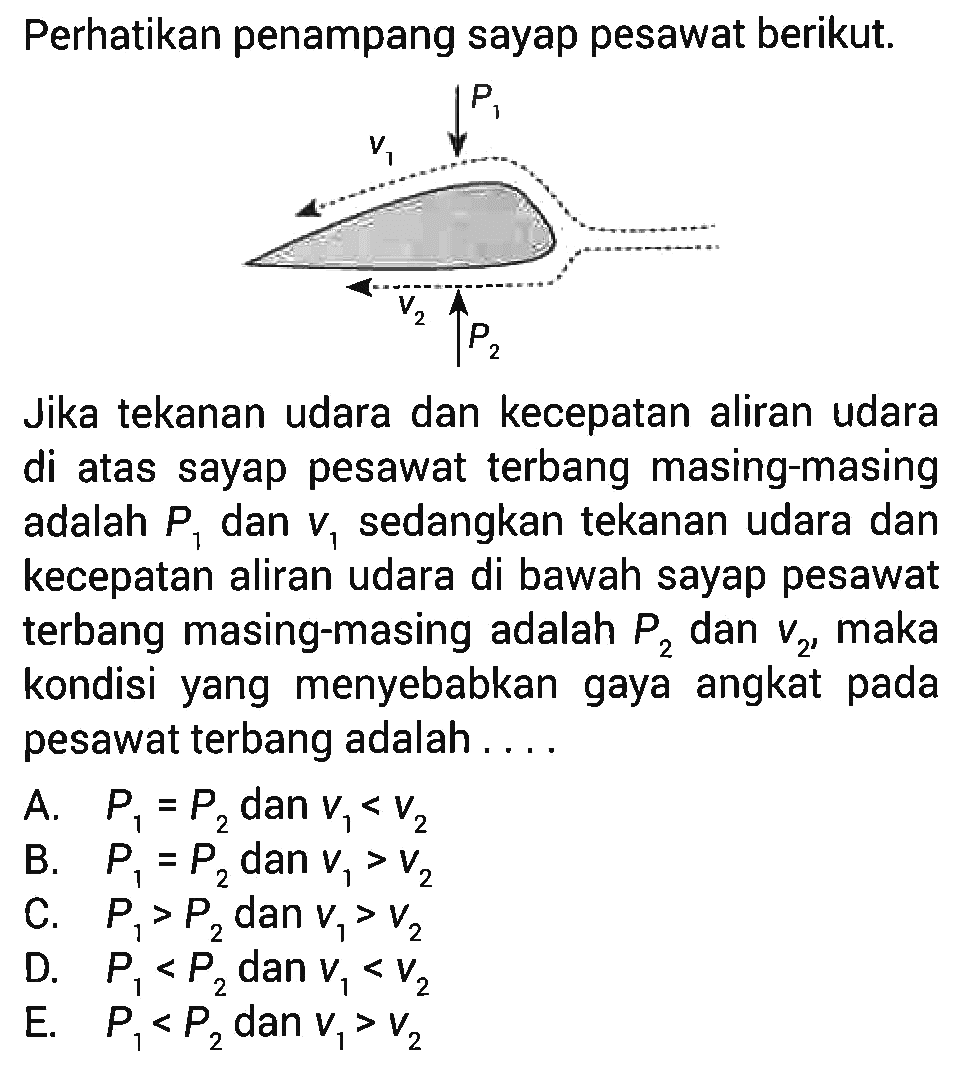 Perhatikan penampang sayap pesawat berikut. v1 P1 v2 P2 Jika tekanan udara dan kecepatan aliran udara di atas sayap pesawat terbang masing-masing adalah P1 dan v1 sedangkan tekanan udara dan kecepatan aliran udara di bawah sayap pesawat terbang masing-masing adalah P2 dan v2, maka kondisi yang menyebabkan gaya angkat pada pesawat terbang adalah....