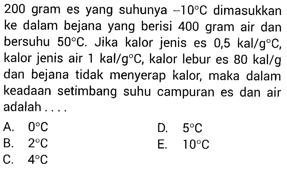 200 gram es yang suhunya -10 C dimasukkan ke dalam bejana yang berisi 400 gram air dan bersuhu 50 C. Jika kalor jenis es 0,5 kal/g C, kalor jenis air 1 kal/g C, kalor lebur es 80 kal/g dan bejana tidak menyerap kalor, maka dalam keadaan setimbang suhu campuran es dan air adalah