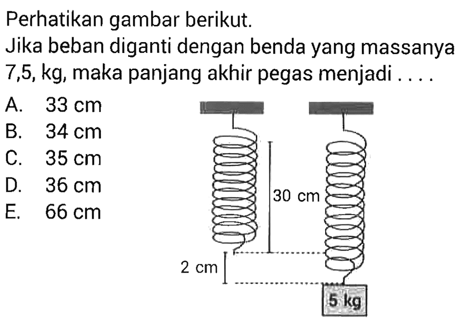 Perhatikan gambar berikut. Jika beban diganti dengan benda yang massanya 7,5,kg, maka panjang akhir pegas menjadi .... 30 cm 2 cm 5 kg