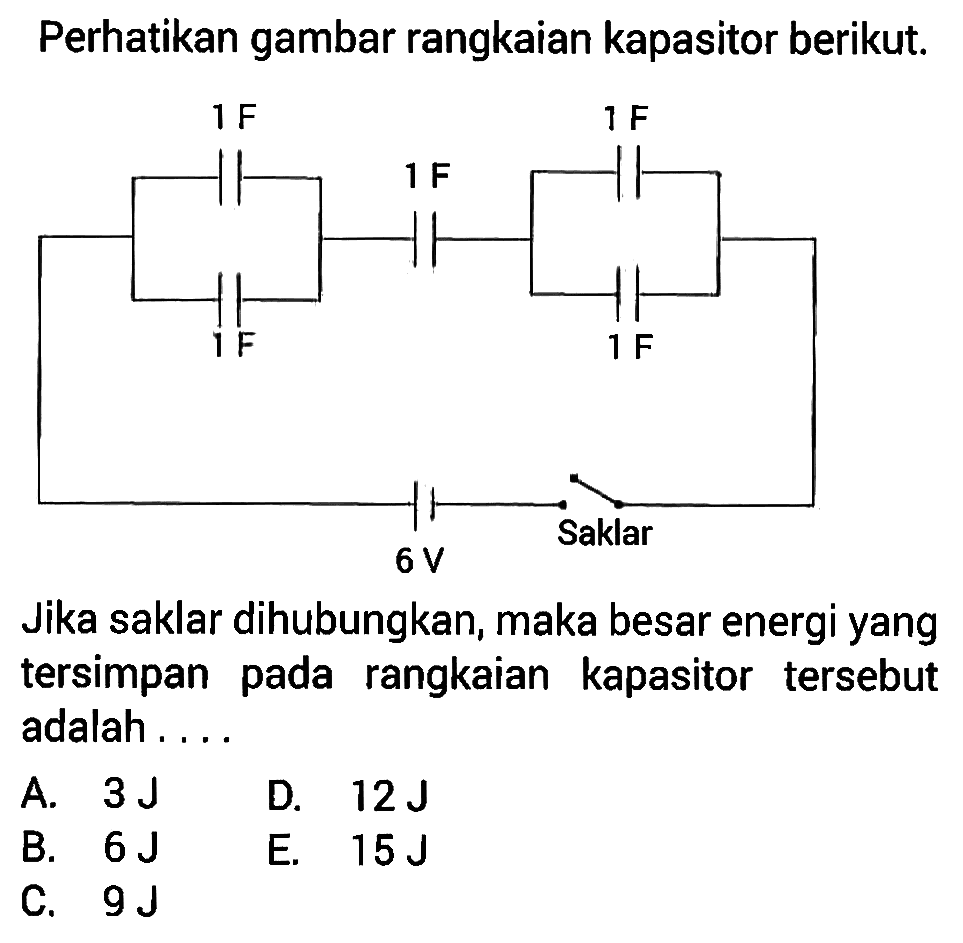 Perhatikan gambar rangkaian kapasitor berikut. 
1 F 1 F 1 F 1 F 1 F Saklar 6 V 
Jika saklar dihubungkan, maka besar energi yang tersimpan pada rangkaian kapasitor tersebut adalah 
A. 3 J D. 12J B. 6 J E. 15J C. 9 J