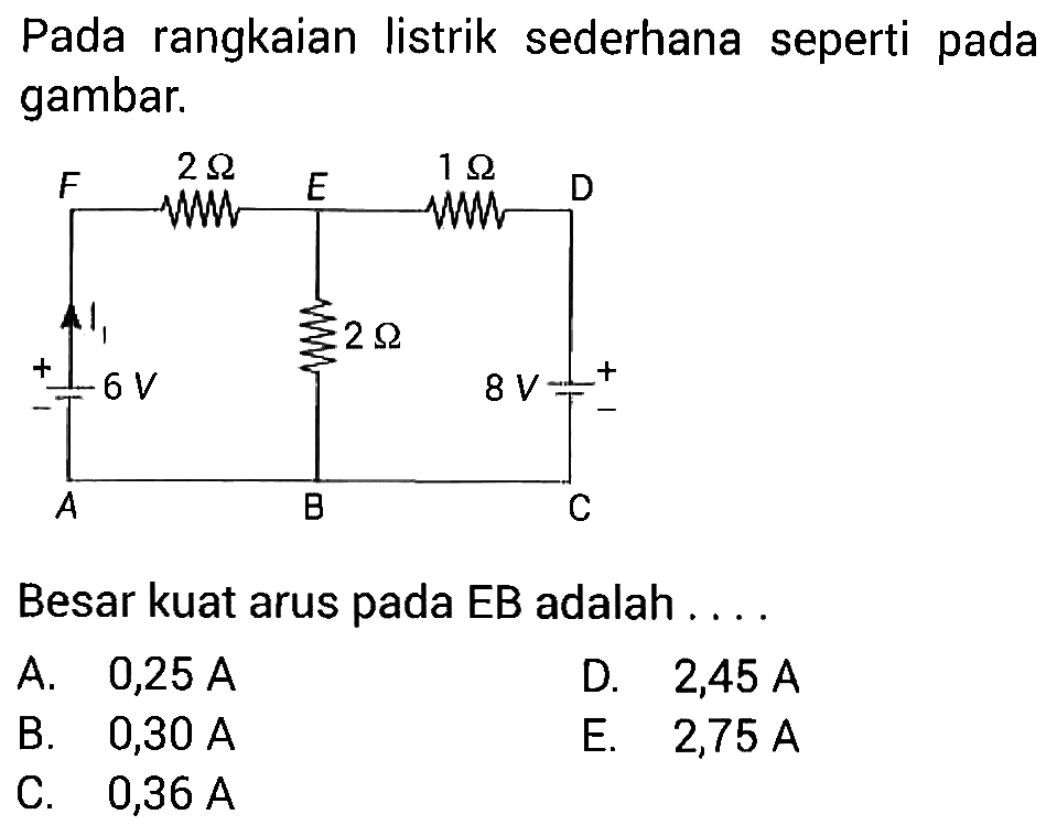 Pada rangkaian listrik sederhana seperti pada gambar. F 2 Ohm E 1 Ohm D I1 2 Ohm 8 V A B C Besar kuat arus pada EB adalah ...