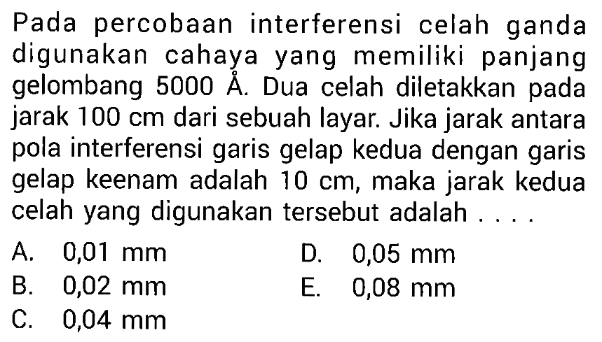 Pada percobaan interferensi celah ganda digunakan cahaya yang memiliki panjang gelombang  5000 A . Dua celah diletakkan pada jarak 100 cm  dari sebuah layar. Jika jarak antara pola interferensi garis gelap kedua dengan garis gelap keenam adalah  10 cm , maka jarak kedua celah yang digunakan tersebut adalah ....