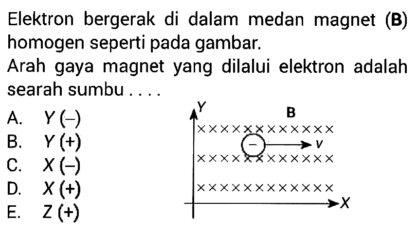 Elektron bergerak di dalam medan magnet (B) homogen seperti pada gambar. Arah gaya magnet yang dilalui elektron adalah searah sumbu Y B v X 
A. Y (-) 
B. Y (+)
C. X (-) 
D. X (+) 
E. Z (+) 