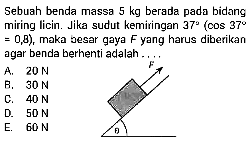 Sebuah benda massa 5 kg berada pada bidang miring licin. Jika sudut kemiringan 37(cos 37=0,8), maka besar gaya F yang harus diberikan agar benda berhenti adalahF theta