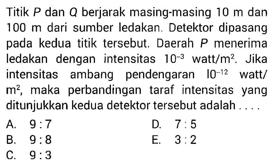 Titik P dan Q berjarak masing-masing 10 m dan 100 m dari sumber ledakan. Detektor dipasang pada kedua titik tersebut. Daerah P menerima ledakan dengan intensitas 10^-3 watt/m^2. Jika intensitas ambang pendengaran 10^-12 watt/m^2, maka perbandingan taraf intensitas yang ditunjukkan kedua detektor tersebut adalah ....