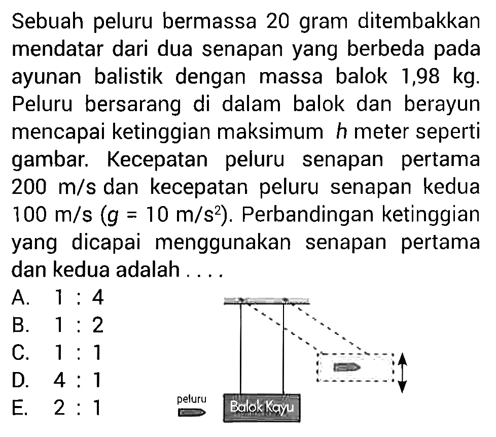 Sebuah peluru bermassa 20 gram ditembakkan mendatar dari dua senapan yang berbeda pada ayunan balistik dengan massa balok 1,98 kg. Peluru bersarang di dalam balok dan berayun mencapai ketinggian maksimum  h  meter seperti gambar. Kecepatan peluru senapan pertama  200 m/s  dan kecepatan peluru senapan kedua  100 m/s(g=10 m/s^2) . Perbandingan ketinggian yang dicapai menggunakan senapan pertama dan kedua adalah ....A.  1: 4 B.  1: 2 C.  1: 1 D.  4: 1 E.  2: 1 