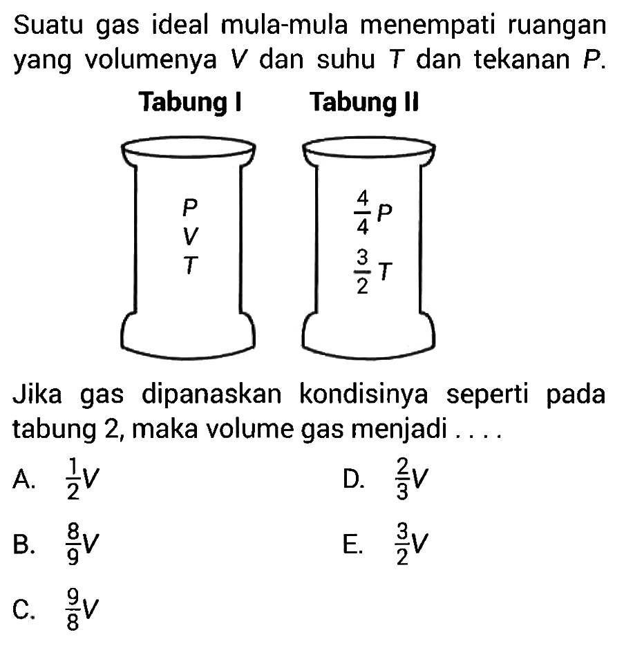 Suatu gas ideal mula-mula menempati ruangan yang volumenya V dan suhu T dan tekanan P. Tabung I Tabung II P 4/4 P V 3/2 T T Jika gas dipanaskan kondisinya seperti pada tabung 2, maka volume gas menjadi .... A. 1/2 V B. 8/9 V C. 9/8 V D. 2/3 V E. 3/2 V 