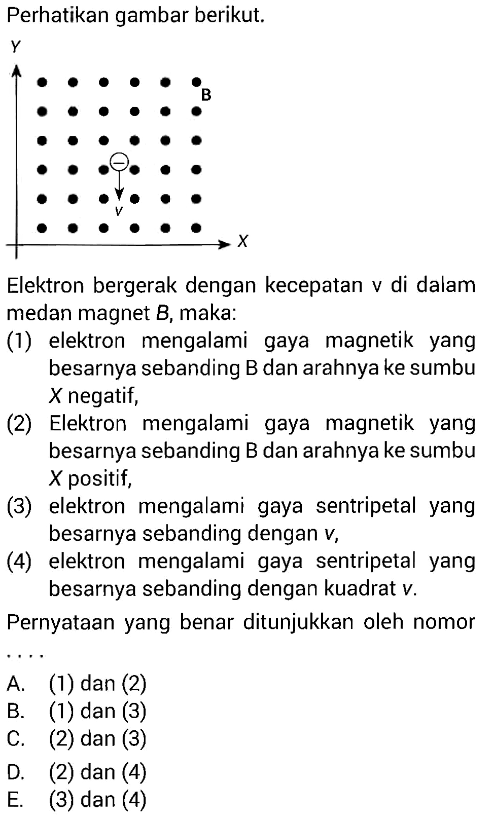 Perhatikan gambar berikut.
 Y 
Elektron bergerak dengan kecepatan  v  di dalam medan magnet  B , maka:
(1) elektron mengalami gaya magnetik yang besarnya sebanding  B  dan arahnya ke sumbu  X  negatif,
(2) Elektron mengalami gaya magnetik yang besarnya sebanding  B  dan arahnya ke sumbu  X  positif,
(3) elektron mengalami gaya sentripetal yang besarnya sebanding dengan  v ,
(4) elektron mengalami gaya sentripetal yang besarnya sebanding dengan kuadrat  v .
Pernyataan yang benar ditunjukkan oleh nomor  .. 
A. (1) dan (2)
B. (1) dan (3)
C. (2) dan (3)
D. (2) dan (4)
E. (3) dan (4)