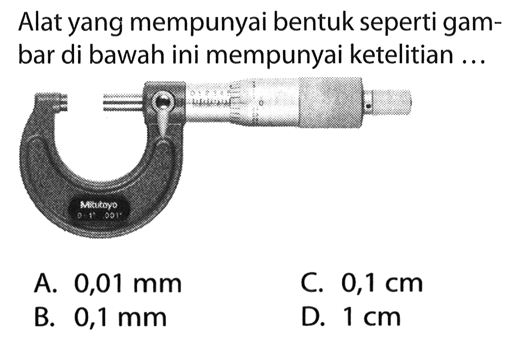 Alat yang mempunyai bentuk seperti gambar di bawah ini mempunyai ketelitian...