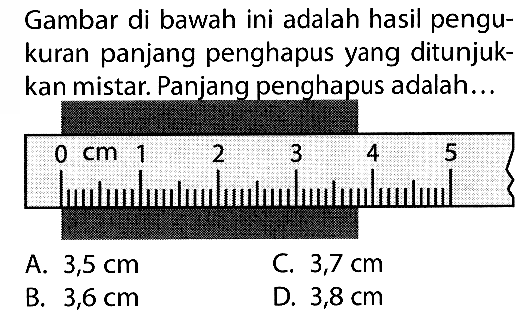 Gambar di bawah ini adalah hasil pengukuran panjang penghapus yang ditunjukkan mistar. Panjang penghapus adalah...