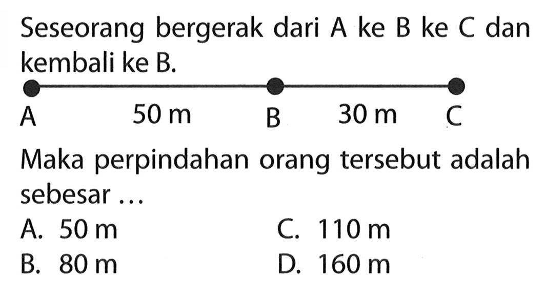 Seseorang bergerak dari A ke B ke C dan kembali ke B. Maka perpindahan orang tersebut adalah sebesar ...