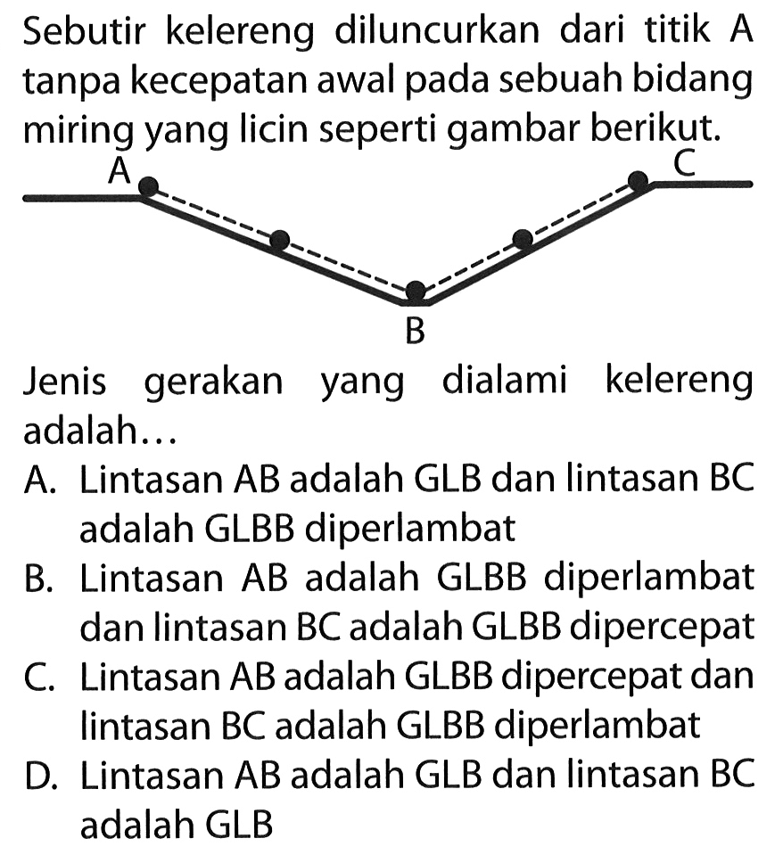 Sebutir kelereng diluncurkan dari titik A tanpa kecepatan awal pada sebuah bidang miring yang licin seperti gambar berikut Jenis gerakan yang dialami kelereng adalah ...