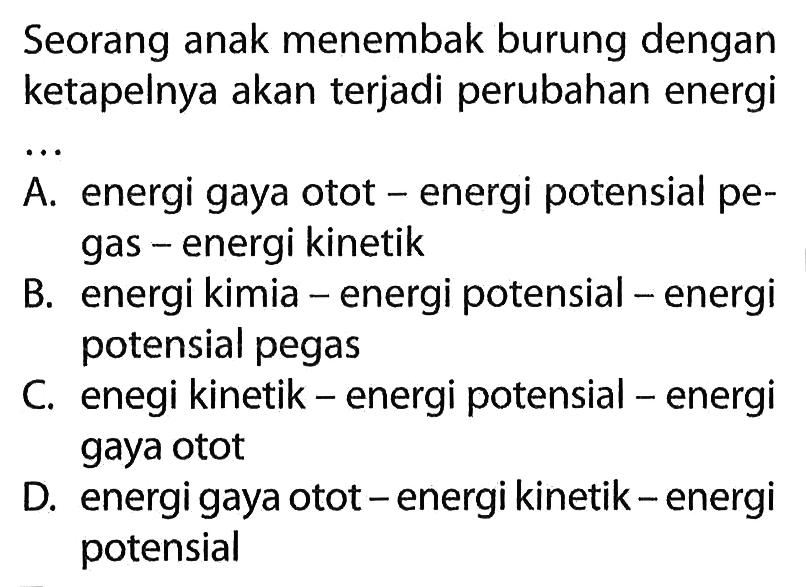 Seorang anak menembak burung dengan ketapelnya akan terjadi perubahan energi ...