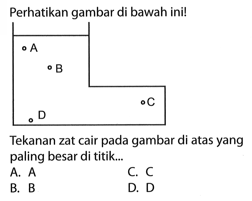 Perhatikan gambar di bawah ini!ABDCTekanan zat cair pada gambar di atas yang paling besar di titik...