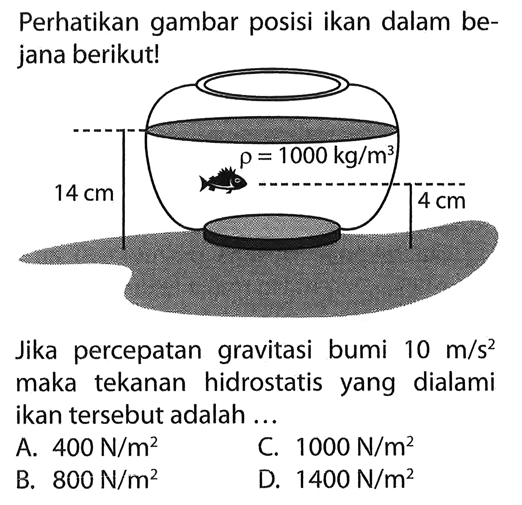 Perhatikan gambar posisi ikan dalam bejana berikut! Jika percepatan gravitasi bumi 10 m/s^2 maka tekanan hidrostatis yang dialami ikan tersebut adalah ...
