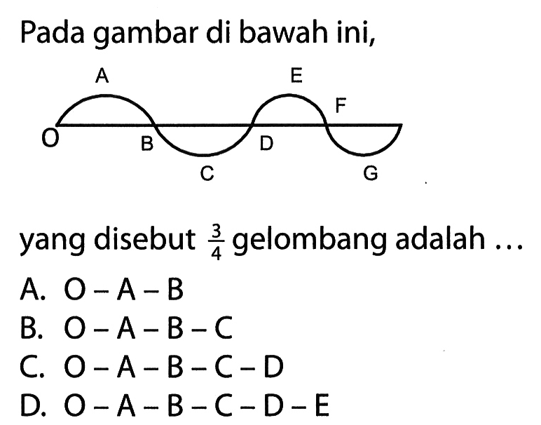 Pada gambar di bawah ini, O A B C D E F G 
yang disebut 3/4 gelombang adalah ... 
A. O-A-B 
B. O-A-B-C 
C. O-A-B-C-D 
D. O-A-B-C-D-E 