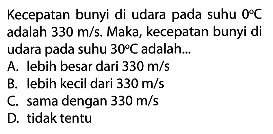 Kecepatan bunyi di udara pada suhu 0 C adalah 330 m/s. Maka, kecepatan bunyi di udara pada suhu 30 C adalah... 